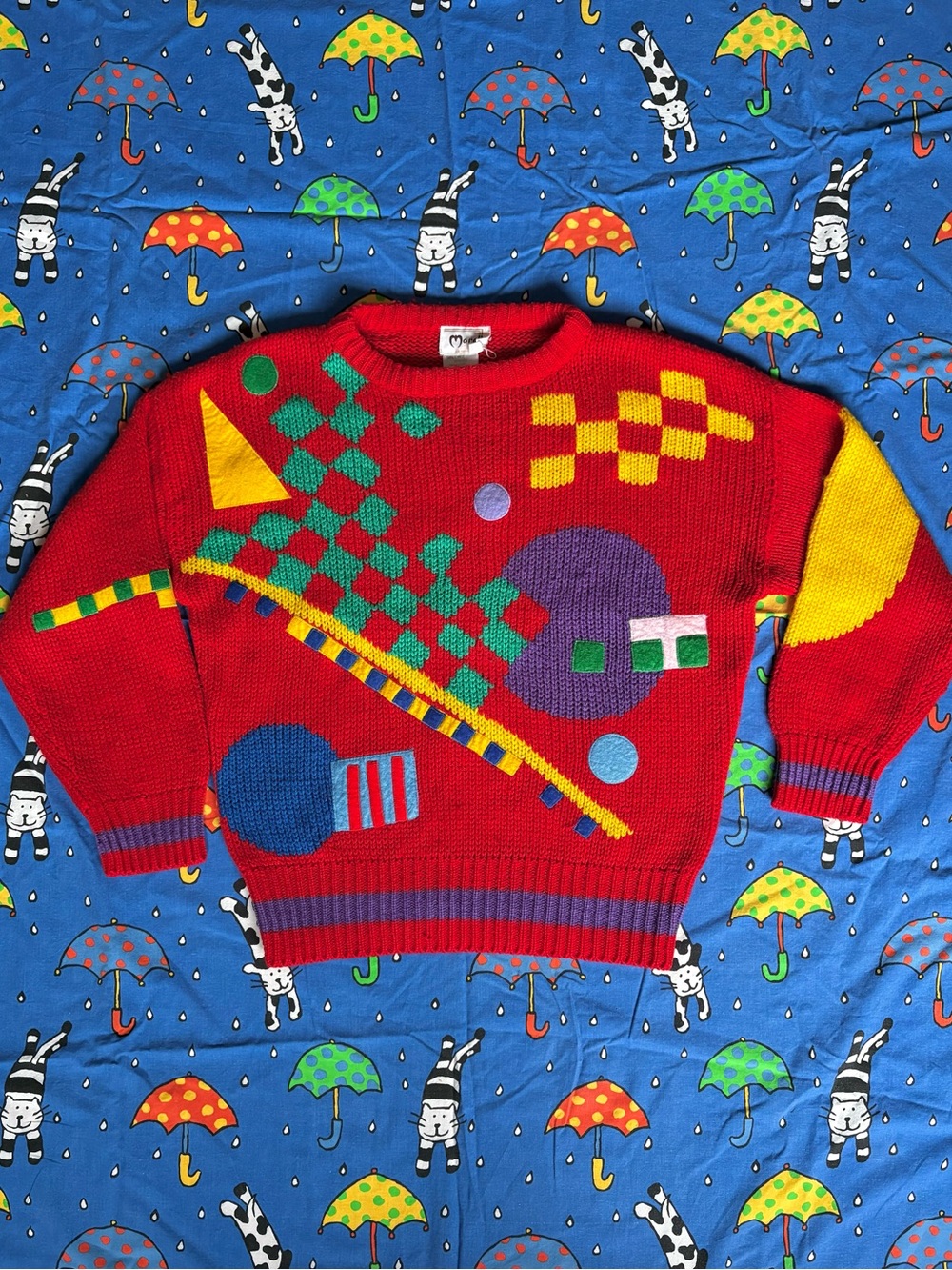 Vintage Memphis Style Funky Abstract Colorblock Chunky Knit Sweater